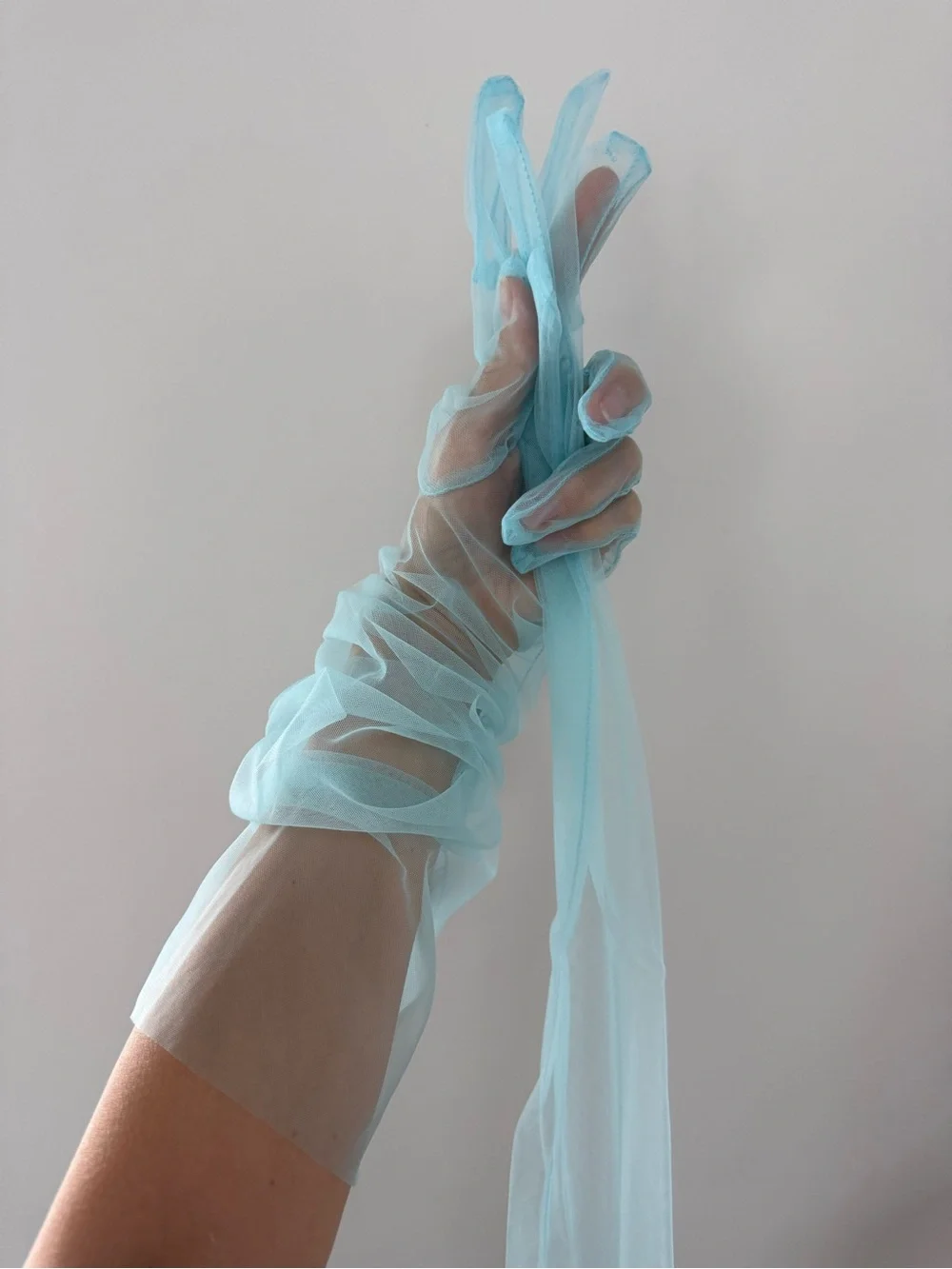 Sheer Light Blue Ruched Gloves